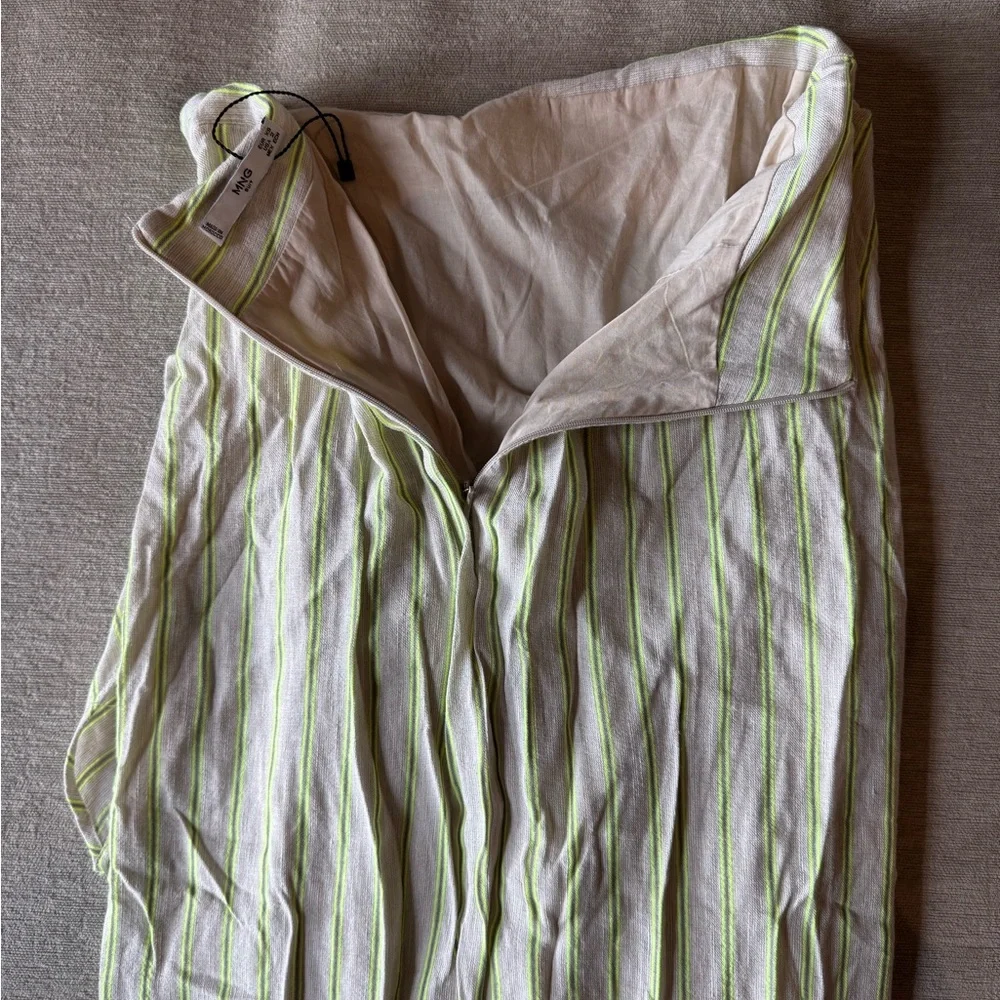 MNG Mango Suit Linen Wrap Midi Skirt White Green Stripe Size XS